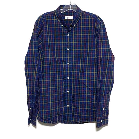 Gap Slim Fit Button Down Plaid Primary Colors Navy Windowpane Mens Large L - Picture 1 of 7